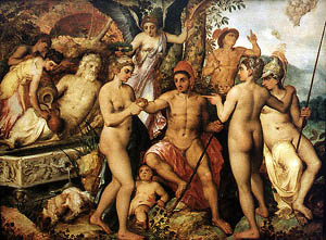 slika Franca Florisa (1519-1570) - sa desne strane su Hera (stoji) i Atina (sjedi). Iza njih se nalazi Hermes. 